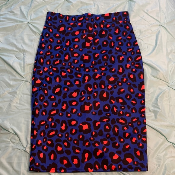 NWOT Large Blue & Orange Leopard Bodycon Midi Skirt - Picture 6 of 11